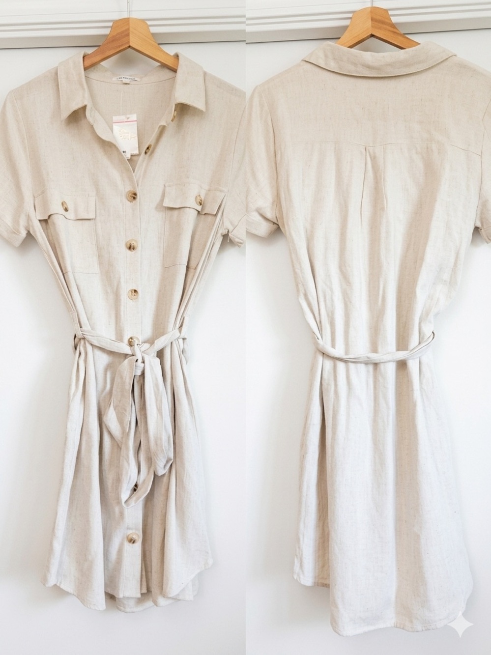Blu Pepper Light Beige Button-Front Tie-Waist Shirt Dress